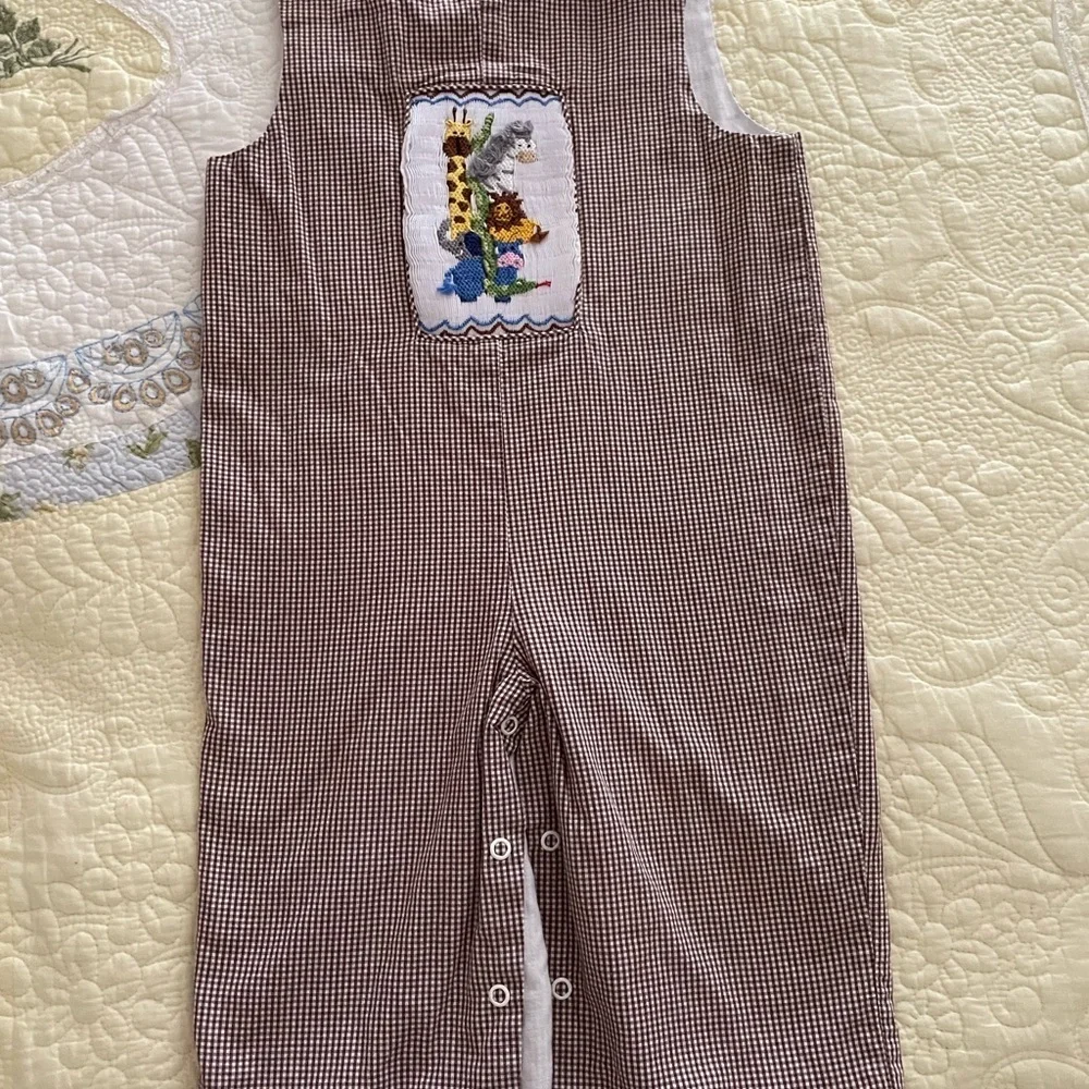 Zucchini Checkered Kids Overalls, Size 18M, Brown, Smocked Zoo Animals.